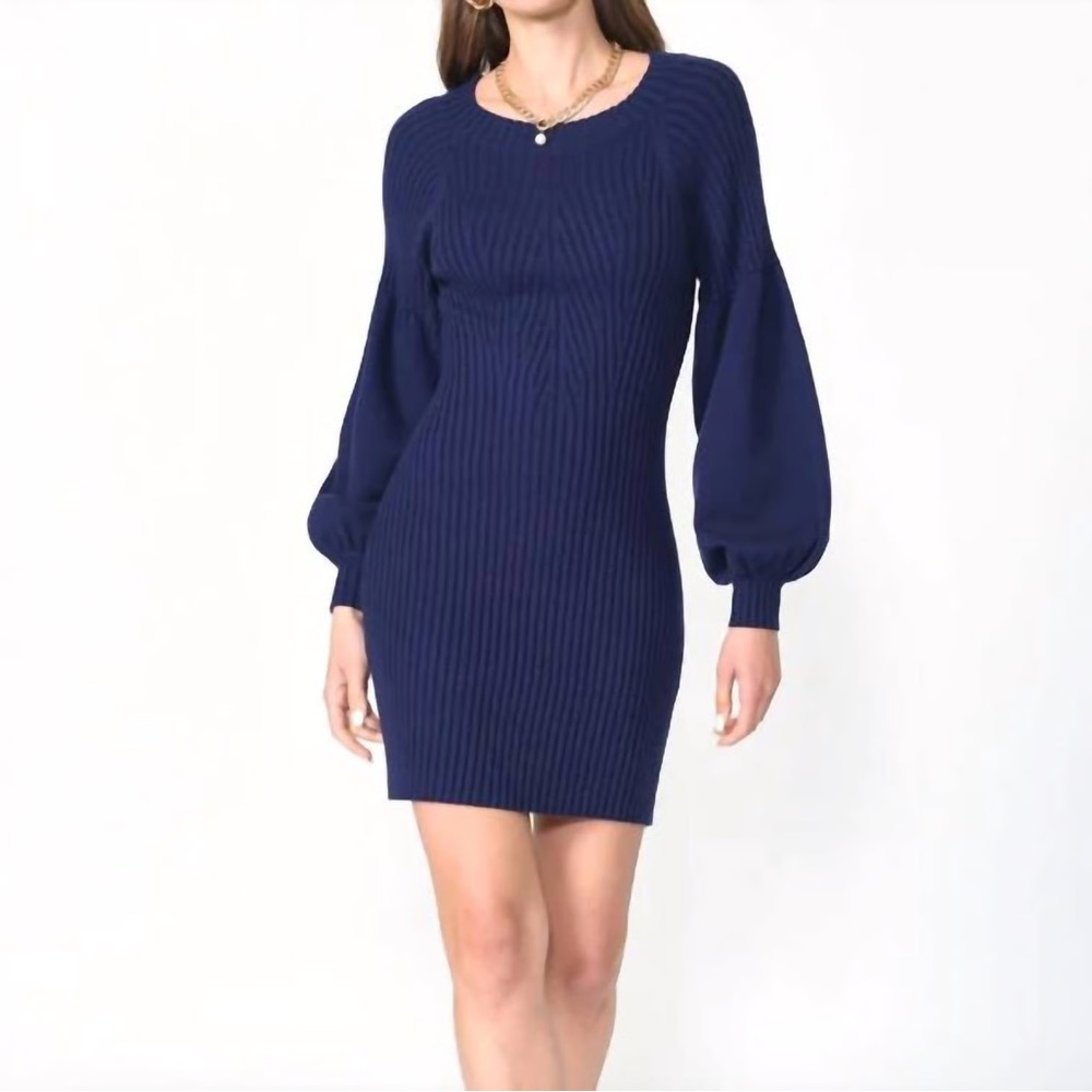 Adelyn Rae • mellie ribbed puff sleeve sweater dress in marine in blue, NWT
